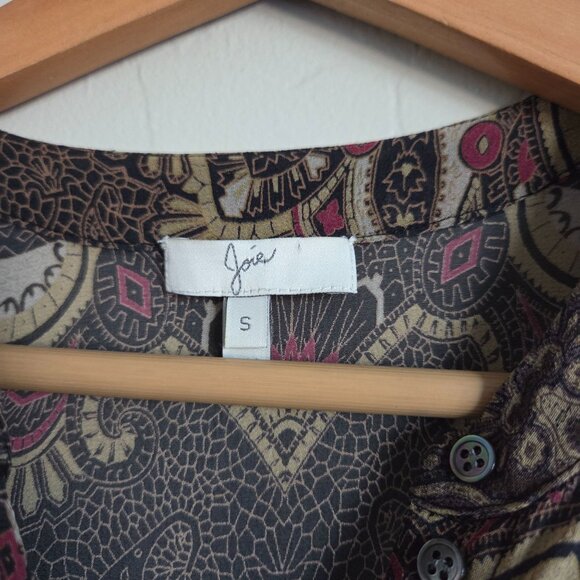 Joie Gareth 100% Silk Georgette Bohemian Paisley Blouse Brown Sz Small Button Up - Picture 2 of 10